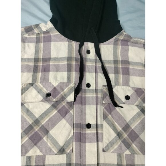NoBo Mens Small Button Up Flannel Hooded Shacket Shirt Plaid 34-36 Off White Sm - Picture 14 of 16